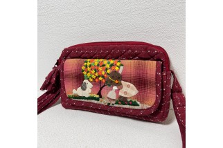 Burgundy fabric multi-pocket crossbody bag